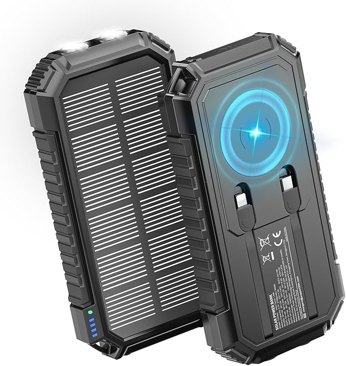 Riapow Solar Charger Power Bank - 27000mAh/99000mWh Wireless Portable Charger Built in 2 Cables - 22.5W Fast Charging Battery Bank with USB C in/Output - PD QC 3.0 Battery Pack Flashlight for Outdoor