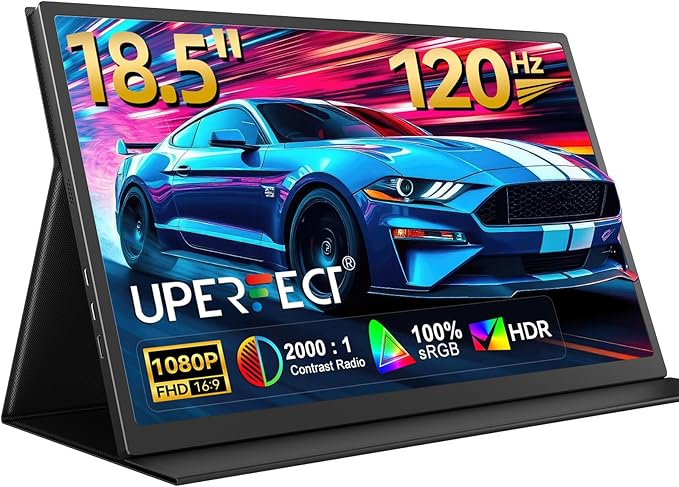 UPERFECT Portable Monitor 18.5 inch 120Hz 100% sRGB 1080P Portable Laptop Display w/Smart Cover, VESA & Speakers, Frameless IPS HDR Gaming Monitor USB-C HDMI Travel Second Monitor