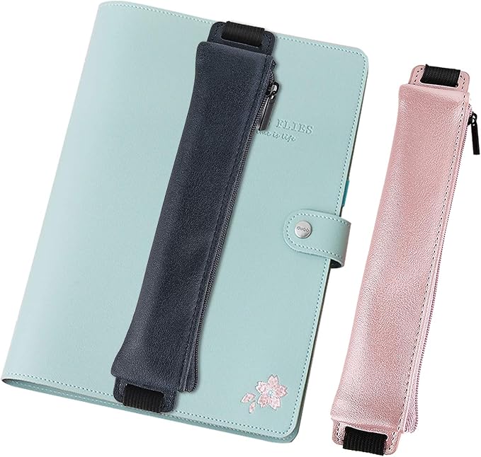 MoKo Pencil Case (2 Pack), PU Leather Pen Pencil Pouch Holder Stationery Zipper Bag with Elastic Strap for Pens, Pencils, Markers, Eraser - GoldPink & Dark Blue