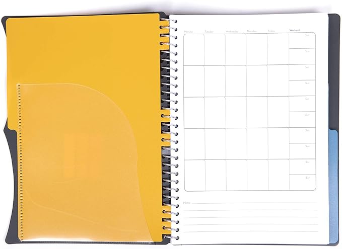 Mintra Office Durable PREMIUM Spiral Notebook, ((Black, 2 Subject (6in x 9.5in)), Wire, Fabric Covered Coils, No Snags, Removable Adjustable Pocket Dividers, Ruler, Organization, Customizable
