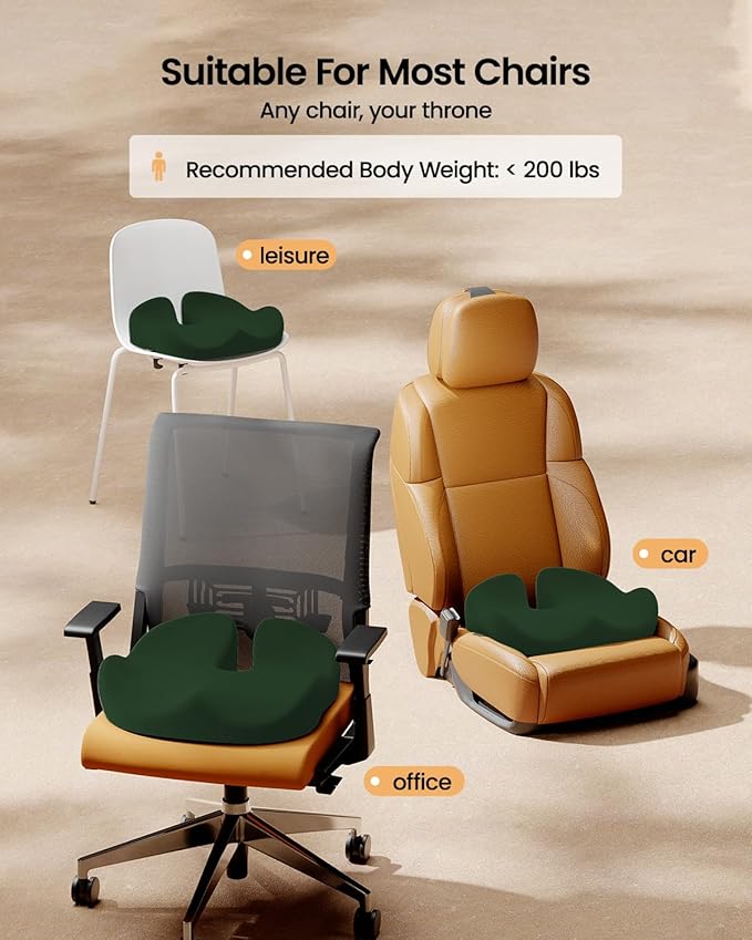 ProtoArc Seat Cushion, Office Chair Cushion for Sciatica, Coccyx Cushion, Ergonomic Memory Foam Seat Cushion for Car, Home, Pressure Relief Pad for Hip, Tailbone, All Day Comfort - Dark Green