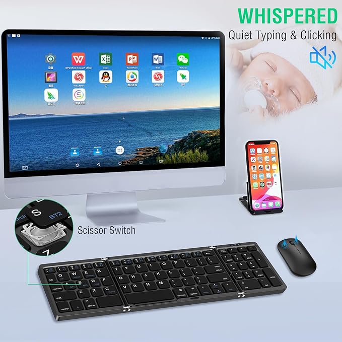 Foldable Keyboard and Mouse, EDJO Folding Wireless Keyboard Mouse Combo with Portable Case, Rechargeable 2.4G+Bluetooth Multi-Device Combo for Windows, iOS, Android, MacOS PC/Laptop/Tablet