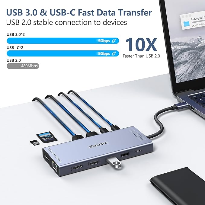 USB C Docking Station Dual Monitor, 14 in 1 Triple Display USB C Hub Multiport Adapter with 2 HDMI 4K,DisplayPort,PD Charging,Ethernet,6 USB C&A Ports,SD/TF, Laptop Docking Station for Dell/HP/Lenovo