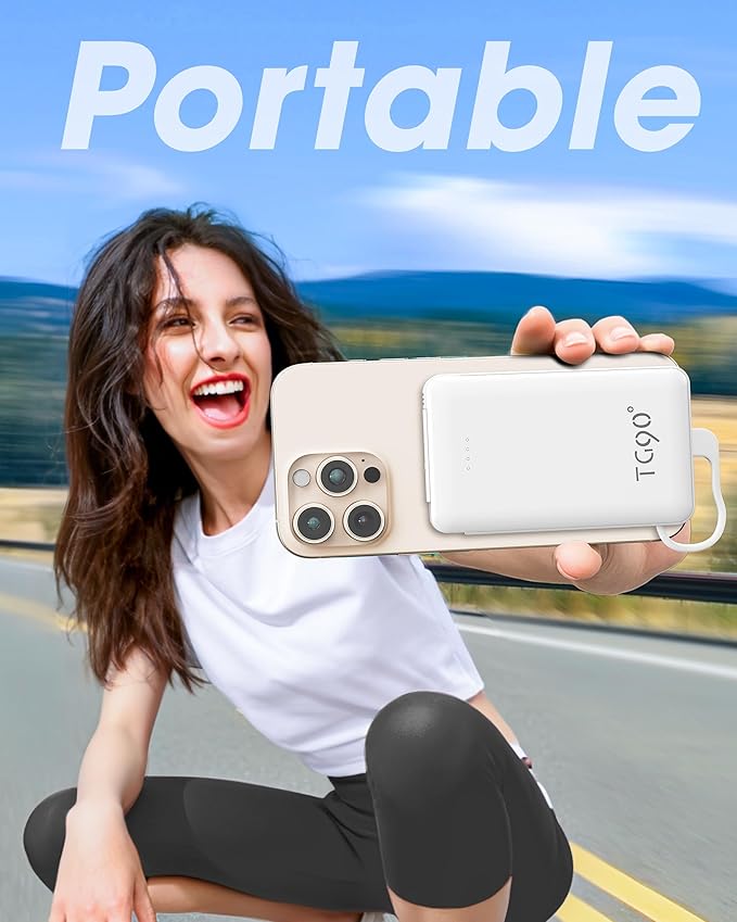 TG90° Portable Charger with Built-in Foldable AC Wall Plug and Cables,5000mAh Slim Power Bank USB C Battery Pack,3 Outputs Pocket Friendly Battery Charger Compatible with iPhone Android Smart Devices