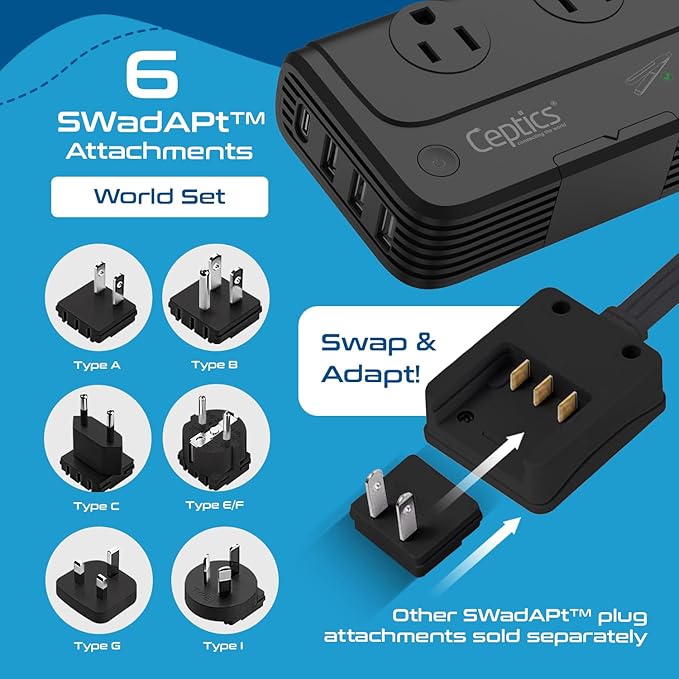 Ceptics - 6 in 1 Travel Adapter and Voltage Converter, 220V to 110V Converter with Surge Protection, Universal Adapter with Types A, C, G, I attachments & 4 USB PD 18W Fast Charging - Black
