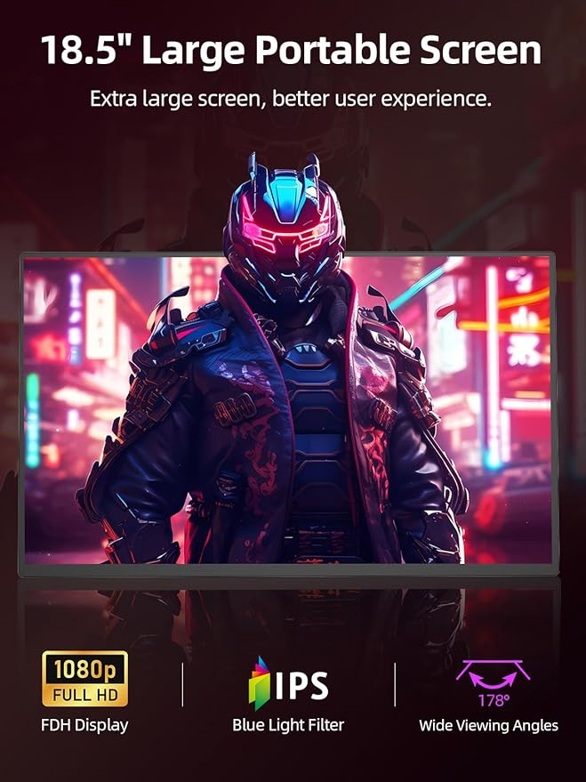 18.5” 100Hz Portable Monitor FHD 1080P IPS Screen 100% sRGB Aluminum Alloy Shell,Built-in Stand,HDMI/USB-C,for Gaming,Laptop,PC,Mac,Phone,Switch,Xbox