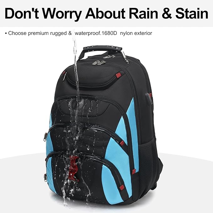 Boavan Laptop Backpack for men, 17.3 inch Laptop Bag with USB Port, Waterproof Travel Work Backpack Purse, Anti-Theft Teacher Nurse Doctor Casual Bookbags Office Business backpack，Black&Sky Blue