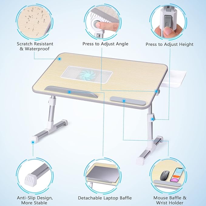 Slendor Laptop Desk Adjustable Laptop Stand Foldable Bed Table Portable Lap Desk Folding Notebook Stand Reading and Writing Holder Breakfast Tray with Drawer and Cooling Fan for Bed Couch Sofa Floor