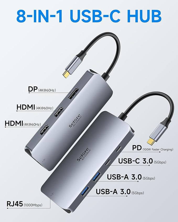 USB C Docking Station Dual Monitor, Selore Docking Station 3 Monitors Triple 4K Display with 2 HDMI, DisplayPort, 1 Gbps Ethernet, 100W PD Charging, USB 3.0 Ports Adapter for Dell, HP, Lenovo,etc