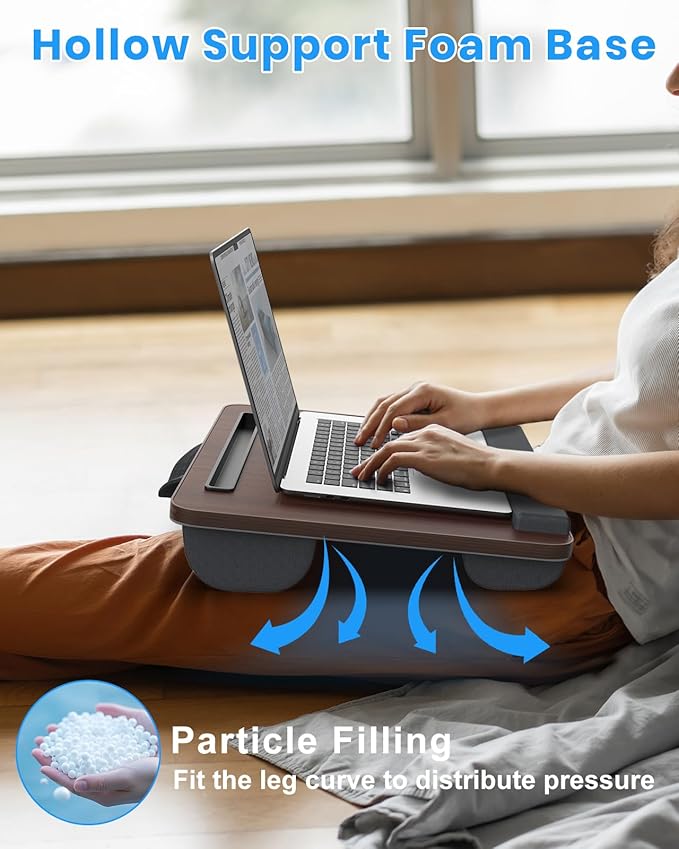 Portable Lap Desk, Laptop Stand for Bed with Soft Wrist Rest, Tablet/Phone Slot, Fabric Handle, Laptop Bed Table with Cushion (Dark Brown)