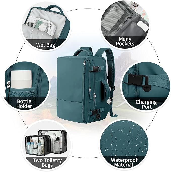 Hanples Women's Large 17.3 Inch Laptop Backpack, Peacock Blue, Waterproof, Suitable for Air Travel