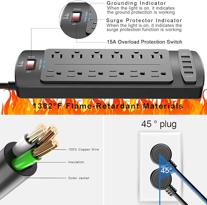 Power Strip, Tcstei Surge Protector with 12 Outlets and 4 USB Ports, 10 Feet Extension Cord (1875W/15A) for Home, Office, Dorm Essentials, 2700 Joules, ETL Listed, Black