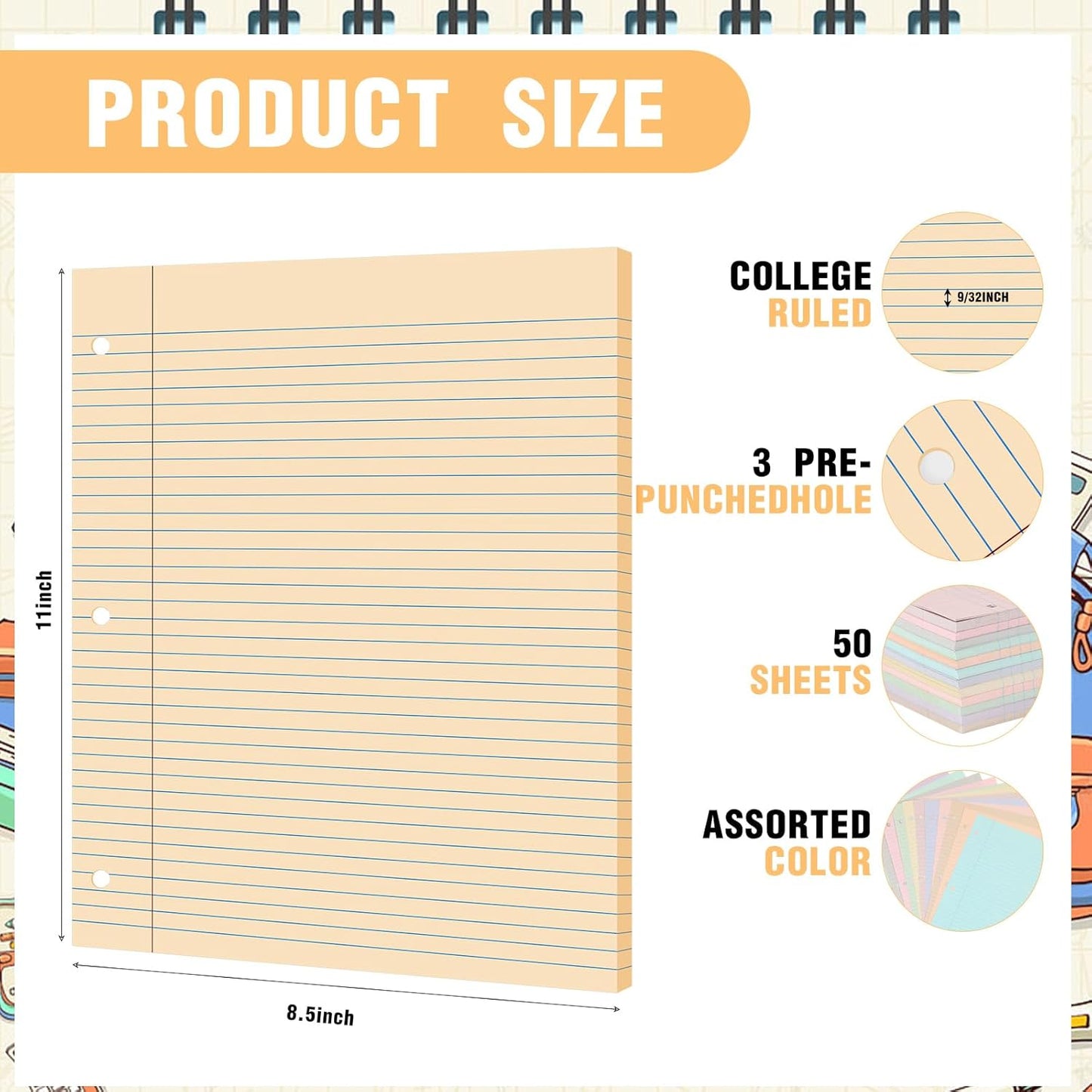 PerKoop 600 Sheets Colored Loose Leaf Paper 8.5" x 11" college ruled Lined 3 Hole Punched notebook Filler Paper for 3 Ring Binders Office School Supplies (Aesthetic Color)