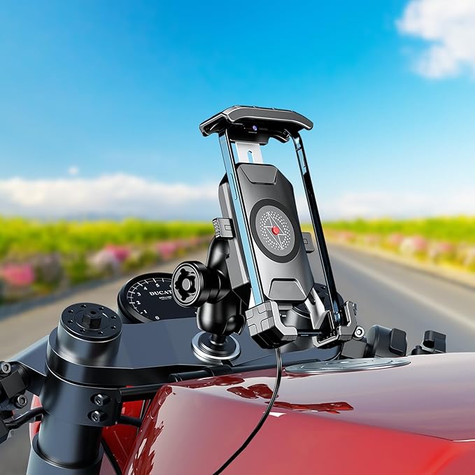 iMESTOU Motorcycle Fork Stem Phone Mount Wireless/USB C Charger with RAM 1" Ball Fits for Kawasaki, Ducati, Honda, BMW etc. with Fork Hole Dia. 0.47"-1" Quick Charge for 4.0"-6.8" Smartphones