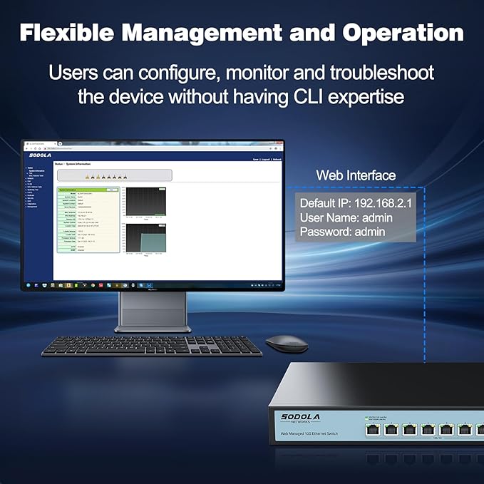 8 Port 10Gb Easy Web Managed Switch, 8 x 10G RJ-45 Ports, 160Gbps Bandwidth, Support LACP, VLAN, QoS, 10G/5G/2.5G/1000M/100M Auto-Negotiation, Multi-Gigabit Managed Ethernet Switch