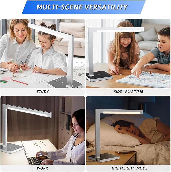 Aluminum LED Desk Lamp with Charging Station, 15W Smart Table Lamp with Type-C Ports & 4 Color Temperature Modes(3000K-6000K), Dimmable Reading Light for Home Office,Bedroom (Includes Adapter)