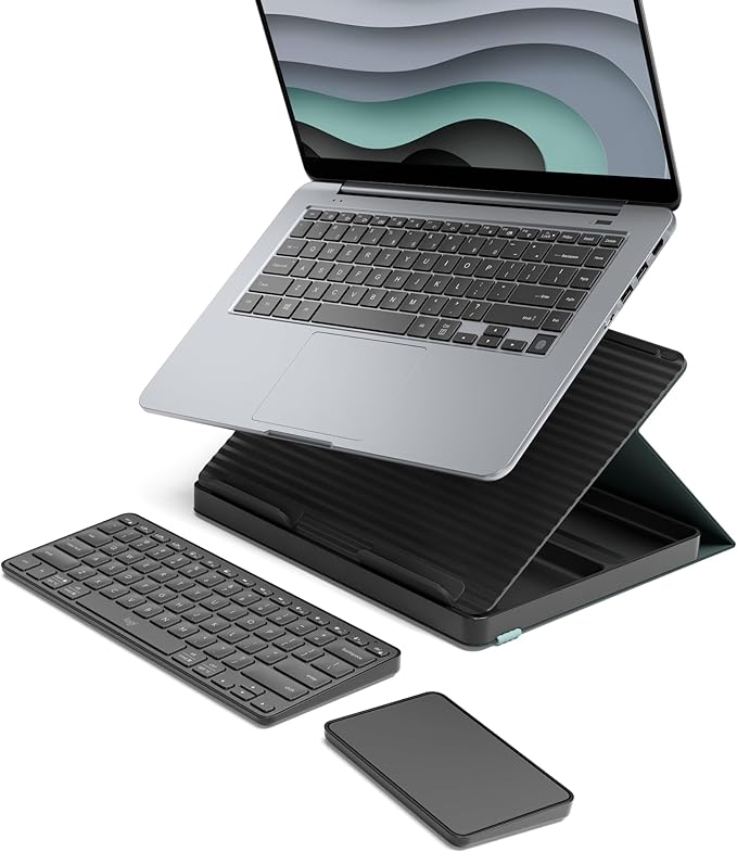 Logitech Casa Pop Up Desk Kit - Adjustable Laptop Stand for Desks, Wireless Keyboard & Touchpad, Bluetooth, USB C Charging, Classic Chic, Green/Black