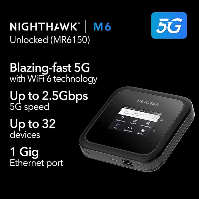 NETGEAR Nighthawk M6 5G Mobile Hotspot, Router with Sim Card Slot, Modem, Portable WiFi Device for Travel, Unlocked with Verizon, AT&T, and T-Mobile, WiFi 6, 2.5Gbps (MR6150)