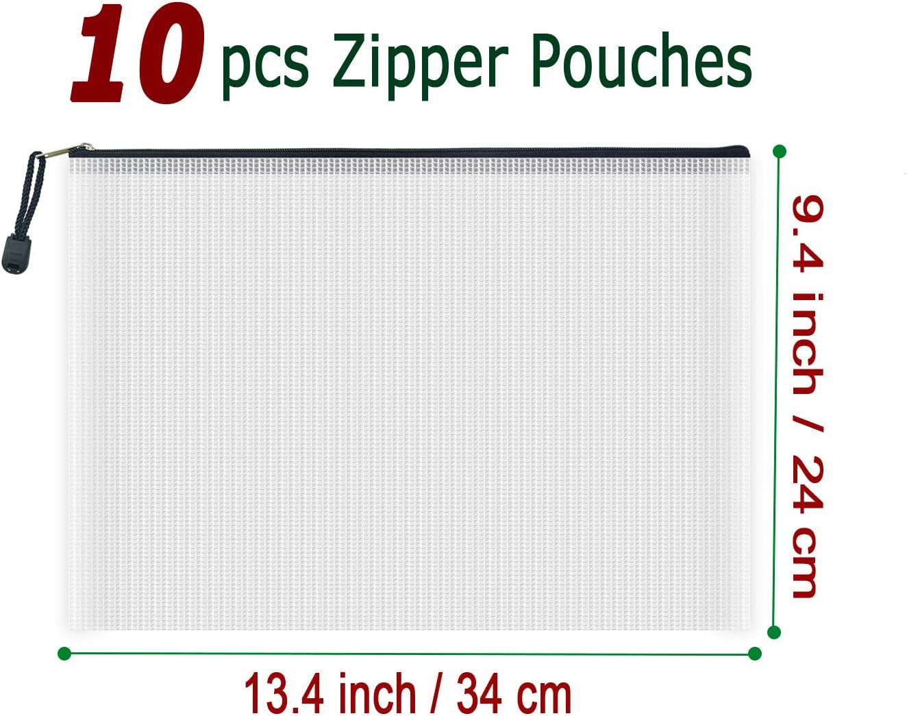 AUSTARK 10 Pcs Zipper File Bags, Waterproof Plastic Mesh Pouch for Office School, Board Game Storage Bags (A4 Size 13.4''x9.4'', White and Black)