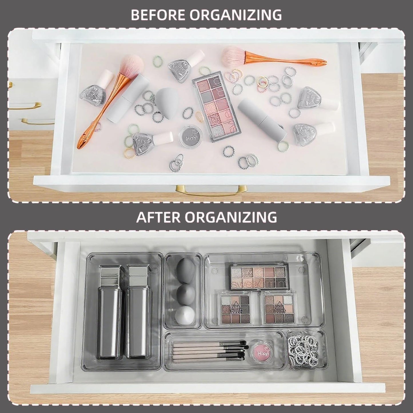 Kitchen Desk Drawer Organizers Storage for Office, Small Acrylic Vanity Trays Makeup Organizer for Drawer Bathroom Plastic Make up Organizers 25 Pcs Clear Black