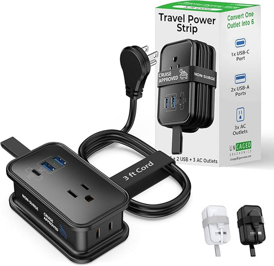 Travel Charger for Multiple Devices, Flat Plug Power Strip 3ft Adapter Extension Cord, 3 AC Outlets, 2 USB & 1 Fast Charging USB-C, No Surge Cruise Approved, Portable Power Strip
