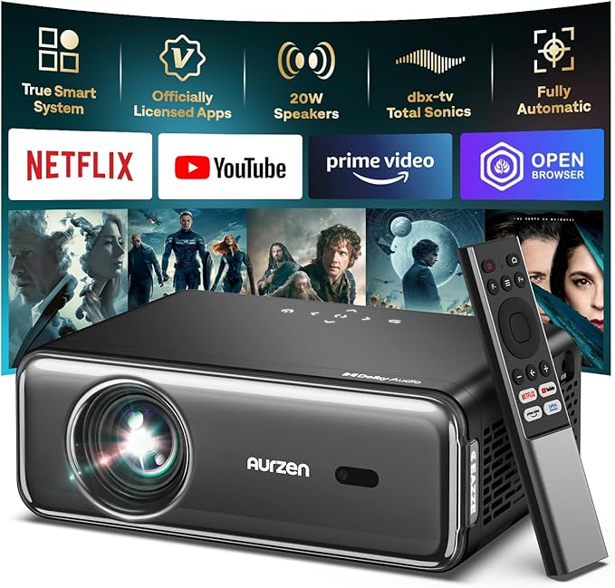 Aurzen Smart Projector with WiFi and Bluetooth, NetfIix Official, 20W Speakers, DoIby Audio & dbx-tv Total Sonics, Auto Focus & Keystone, Native 1080P Portable Outdoor Movie Projector