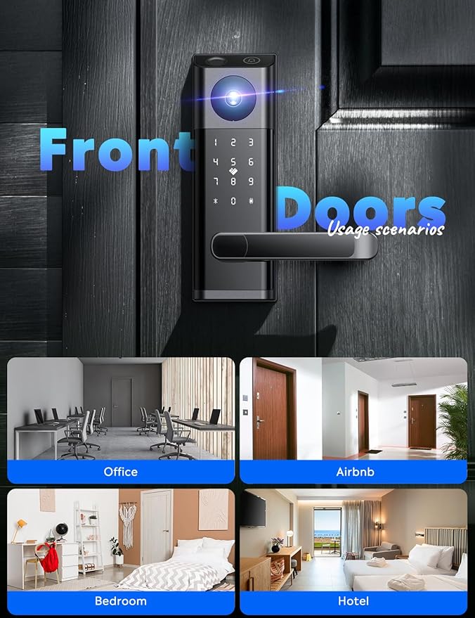 CAMCAMP Smart Lock with Camera & Doorbell, Built-in WiFi Camera Deadbolt Lock for Front Door, Keyless Entry Door Lock with Handle, Fingerprint, Keypad Code, App Control, Auto Lock