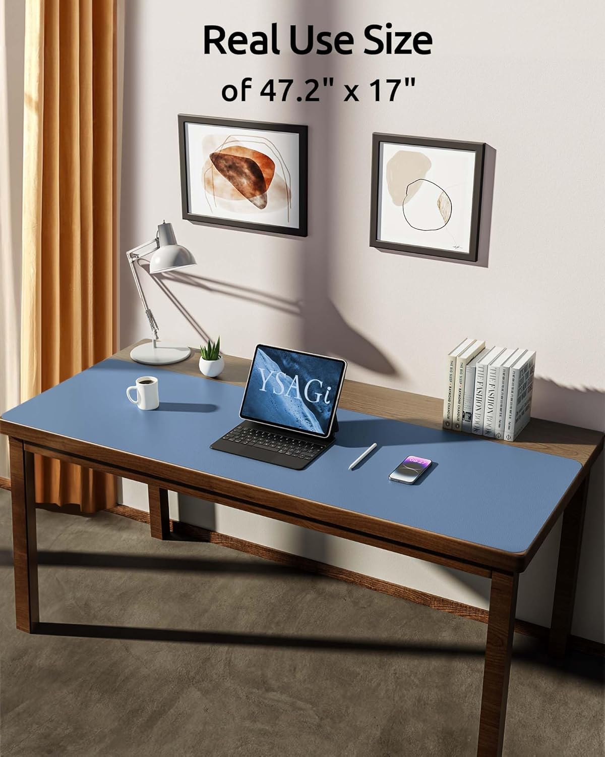 YSAGi Leather Desk Pad Protector, Office Desk Mat, Large Mouse Pad, Non-Slip PU Leather Desk Blotter, Laptop Desk Pad, Waterproof Desk Writing Pad for Office and Home (Blue, 47" x 17")