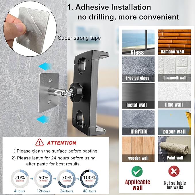 Tablet Wall Mount Holder, Angle Adjustment Wall Mount Tablet Holder Stand Arm Bracket [Sticky and Drill Ways for Choice] for iPad Tablets and smartphones, Ideal for Office Kitchen and Bathroom
