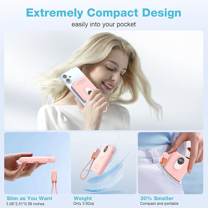 Small Magnetic Power Bank,5000mAh Mag-Safe Battery Pack with 20W Fast Charging Detachable USB C&iOS Cable,with LED Display,Slim Wireless Portable Charger for iPhone16/15/14/13/12 Series (Pink)