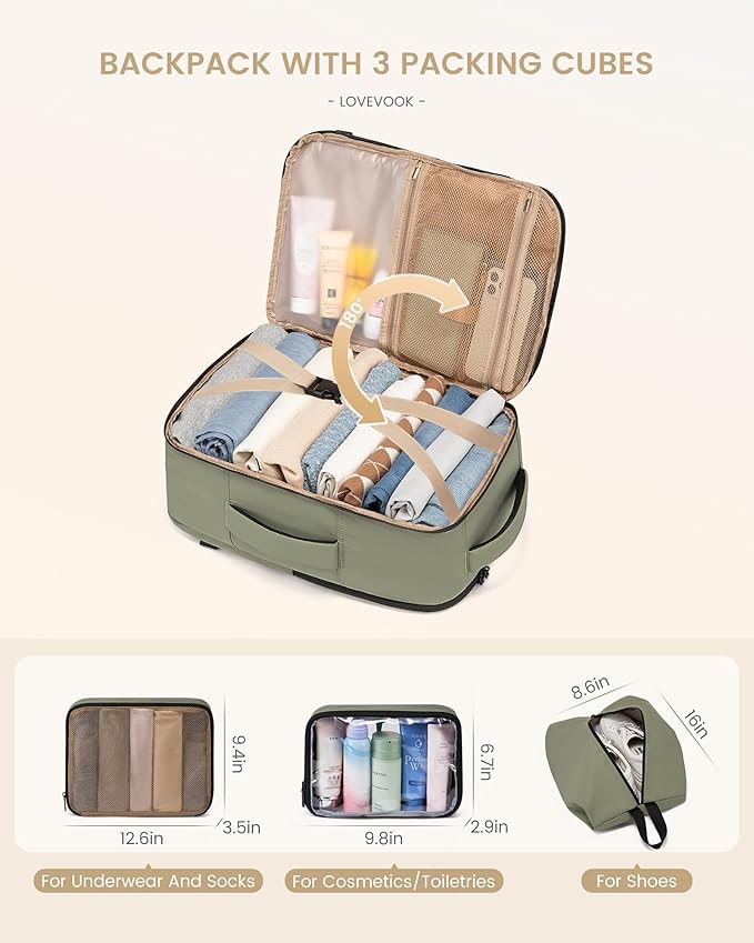 LOVEVOOK Travel Backpack for Women & Men, 40L Large Carry On Backpack Airline Approved, TSA Personal Item Weekender Bag, Water Resistant Laptop Backpacks with 3 Packing Cubes for Travel Essentials