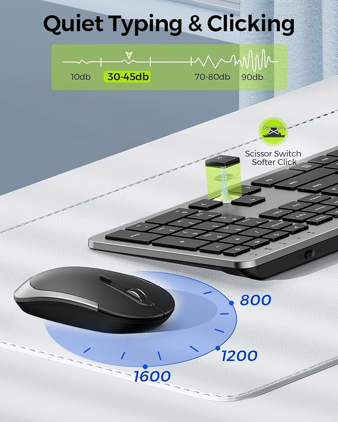 Wireless Keyboard and Mouse Combo - Full Size Slim Thin Wireless Keyboard Mouse with Numeric Keypad 2.4G Stable Connection Adjustable DPI (Grey & Black)