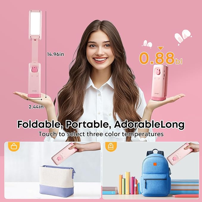 VAVOFO Cute Desk Lamp, Foldable & Portable LED Lamp with 6000mAh Rechargeable Battery, 3 Color Modes, USB-C Cordless Study Lamp for Bedroom, Office, Kids Room (Pink)