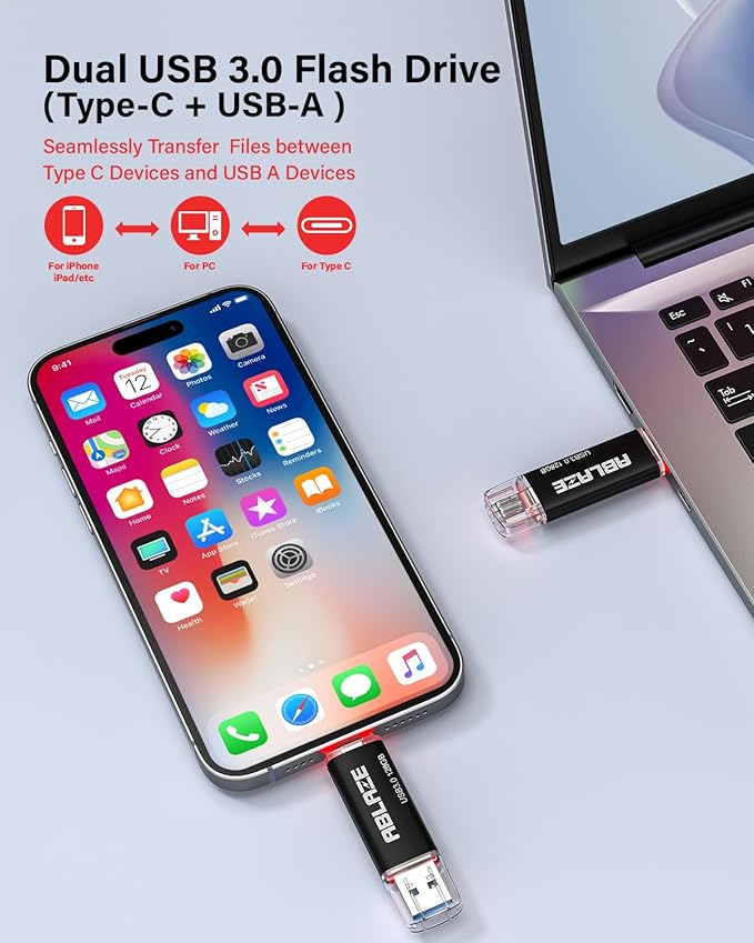 ABLAZE USB C Flash Drive 128GB 2 Pack, Dual USB 3.0+Type C Flash Drive Compatible with iPhone 16/15, Android Smartphone, Computer,Tablet Mac Laptop (2 Pack)