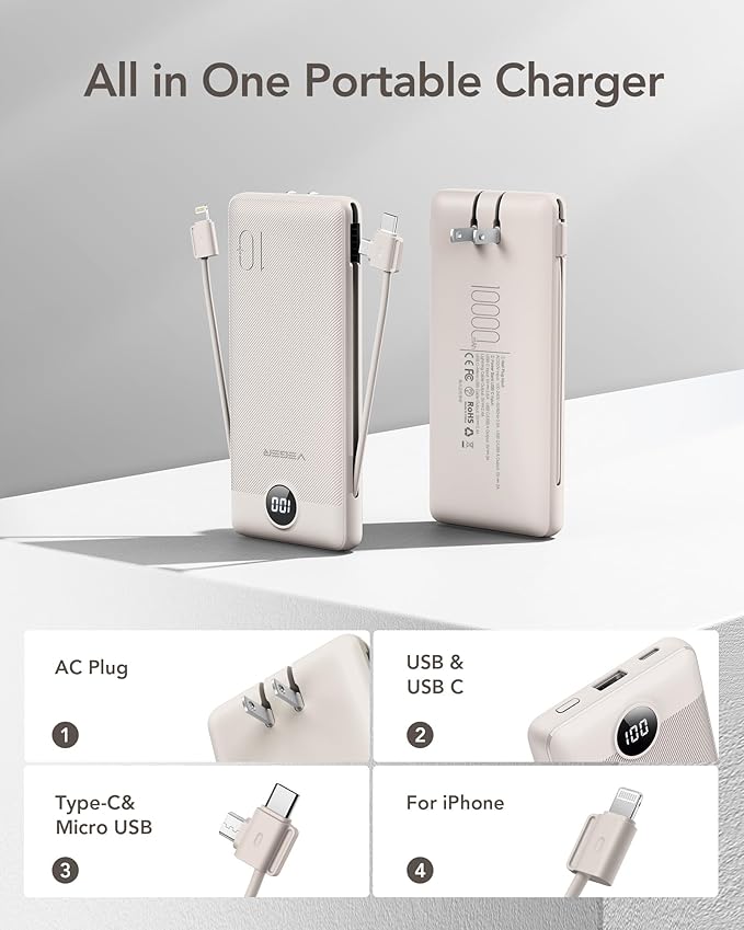 VEGER Portable Charger with Built-in AC Plug and Cables, All in One 10000mAh Ultra-Slim Power Bank, 15W Fast Charging for iPhone, Samsung, Android, Travel Essential (Coffee)