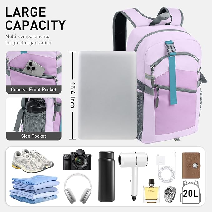 20L Lightweight Hiking Backpack for Men & Women – Small Travel Daypack with Phone Pocket – Durable & Compact for Hiking,Traveling,Camping,and Outdoor Adventure,Purple