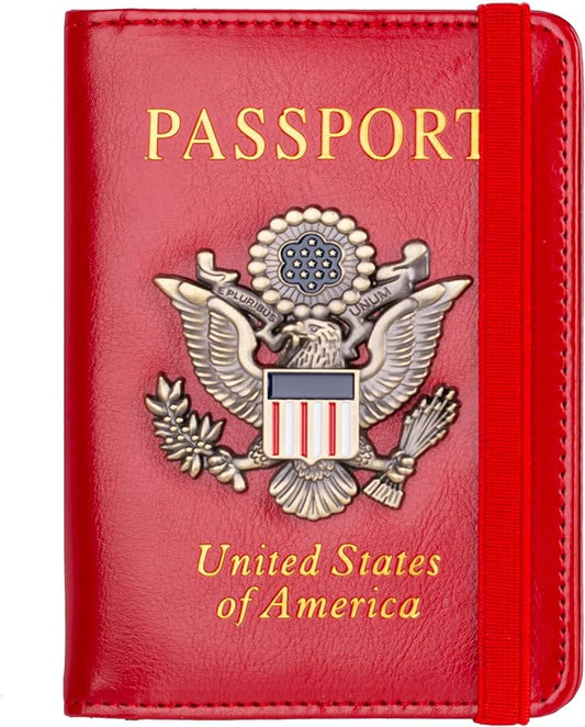 TOURSUIT Rfid Blocking Passport Holder for Women Men, Leather Passport Travel Wallet with Metal 3D Metal Badge, Travel Document Holder Cover Accessories (Red)
