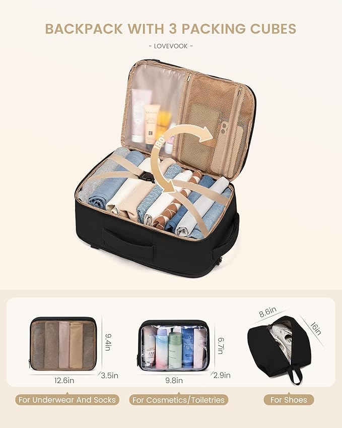 LOVEVOOK Travel Backpack for Women & Men, 60L Large Carry On Backpack Airline Approved, TSA Personal Item Weekender Bag, Water Resistant Laptop Backpacks with 3 Packing Cubes for Travel Essentials