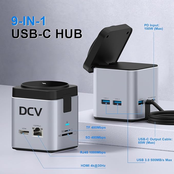 USB C Laptop Docking Station with MagSafe Charger Stand, 9 in 1 USB C Hub Multiport Adapter with 4K HDMI, 1Gbps Ethernet, 3 USB 3.0, SD/TF, Compatible with MacBook/Dell/HP/Lenovo/iPhone (Silver Gray)