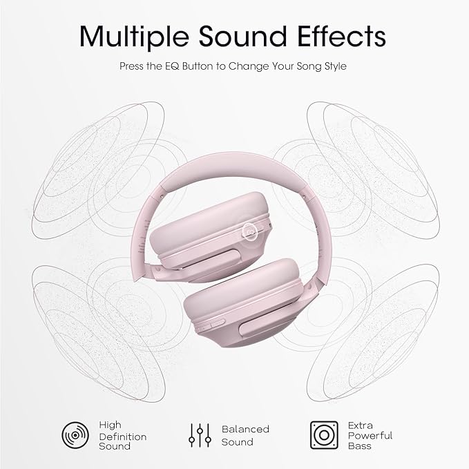 Bluetooth Headphones Over Ear, 80H Playtime Wireless Headphone with 3 EQ Modes, Built-in Mic, Deep Bass, HiFi Stereo Foldable Wireless Headset for iPhone PC Travel Workout Office (Pink)