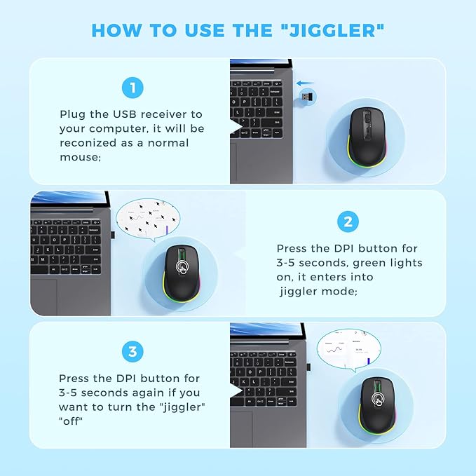 PEIOUS Wireless Mouse Jiggler - LED Wireless Mice with Build-in Jiggler Mover, Rechargeable Moving Mouse for Computer with Undetectable Random Movement Keeps PC Laptop Awake - Black