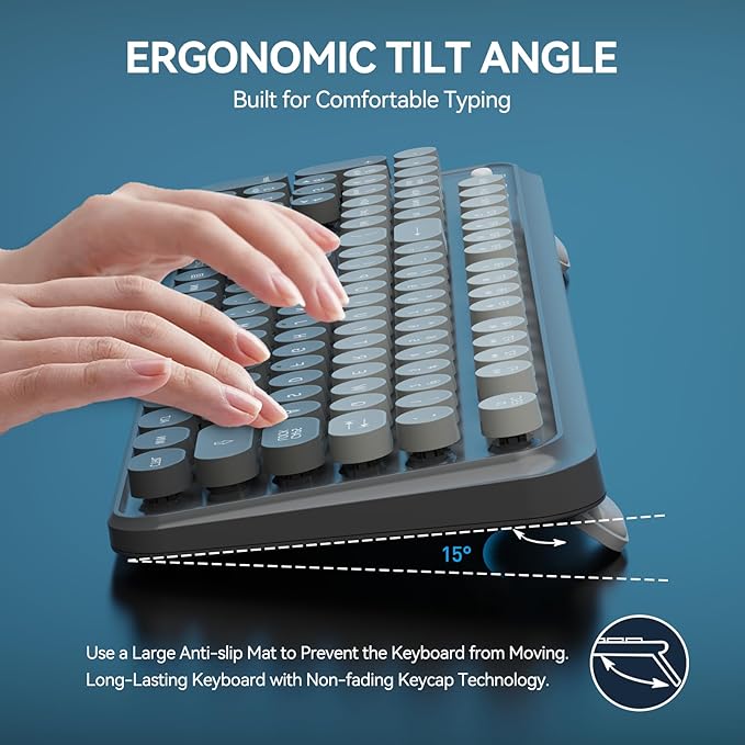 FD Wireless Keyboard and Mouse Combo - 2.4G Full-Sized Cute Colorful Mouse and Keyboard with 104 Round Keys Retro Typewriter Keyboards for Laptop/Windows/PC - Grey Gradient