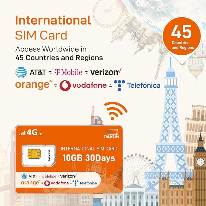 International Data SIM Card 10GB for 30 Days –4G LTE Coverage in 45 Countries USA,UK,Europe,Asia and Africa Prepaid Travel Data Only SIM for Unlocked WiFi Mobile Hotspot, Phones and Tablet–No Contract