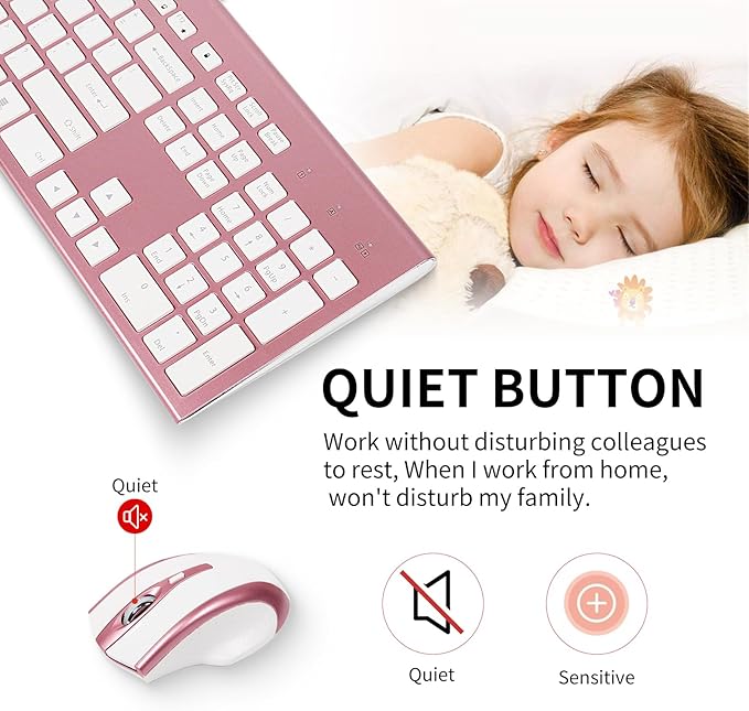 Wireless Keyboard and Mouse Combo 17inch Full Size 2.4G USB Ergonomic Slim Wireless Keyboard for PC Laptop Tablet Desktop Computer Windows Pink (Rose Gold)