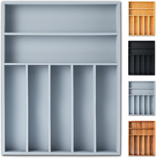 Silverware Organizer, 12.5 Inch Utensil Organizer Kitchen Drawer Organizer Bamboo Silverware Holder Cutlery Tray Organizer in Drawer Flatware Organizer Tray(7 slots, Gray）