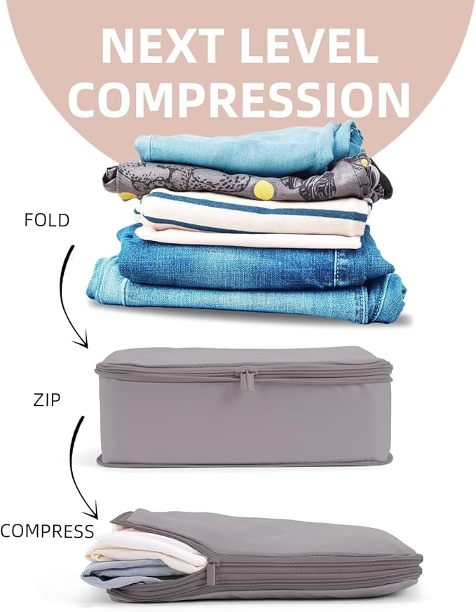 6 Set Compression Packing Cubes for Travel, Large Medium Small Luggage Organizers (Misty Silver)