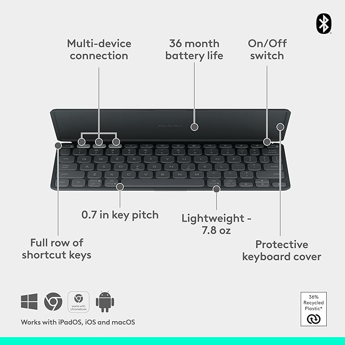 Logitech Keys-to-GO 2 Portable Bluetooth Tablet Keyboard with Built-in Cover, Slim & Compact Wireless Keyboard for Windows, Android, Linux, iPad, iPhone, Mac, Apple TV - Graphite
