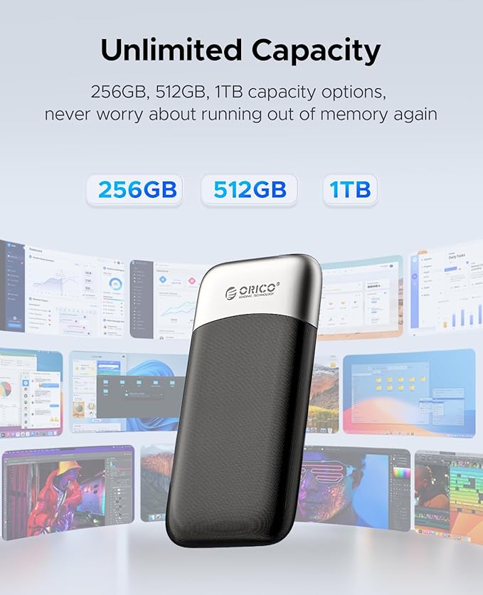 ORICO 256GB Portable SSD, Up to 1050MB/s, Compact with 2 in 1 USB C & A Cable, External Solid State Drives, Reliable Storage for USB C Smartphone, Tablet, PC - M10PRO