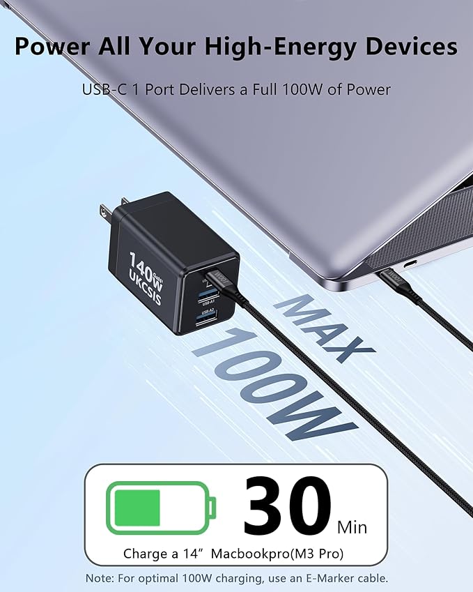 2Pack Mac Book Charger 140W, USB C Fast Charger Foldable 3-Port Multi-Device Fast Power Adapter, USB C Charger for MacBook pro/Air, Dell, Samsung Galaxy, iPad Pro, and More(Black)