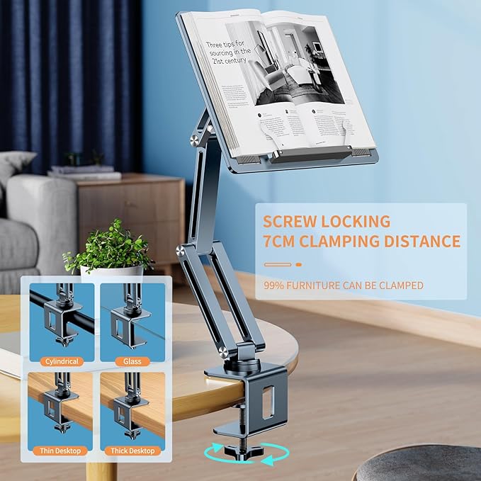 OATSBASF Tablet Stand, iPad Holder for Desk Mount, Portable Monitor Stand, Rotatable 360 Degrees, Desktop Reading Mount Holder for Computer, iPad, Cookbooks, Recipes